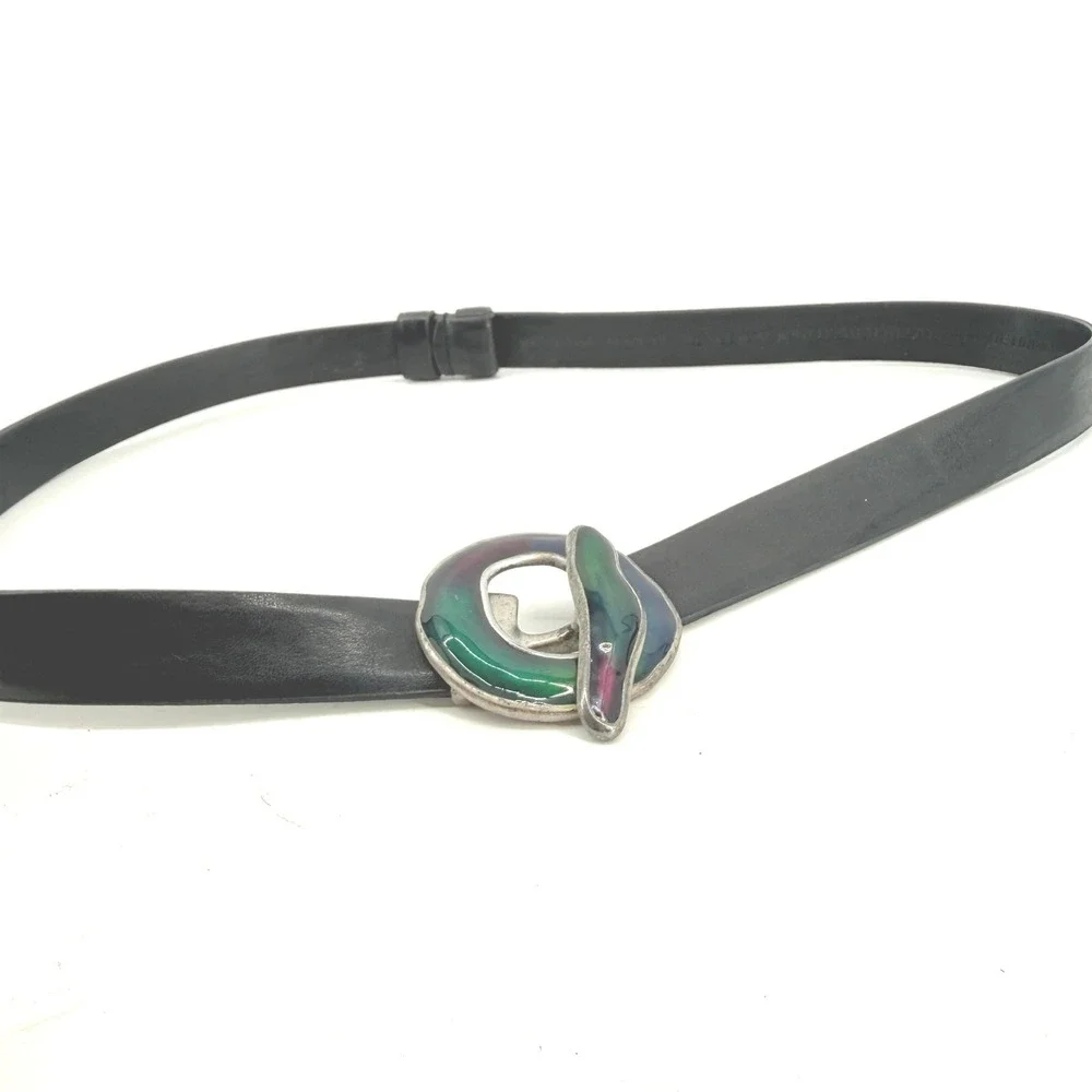 Chicos Enamel Buckle Belt Womens ML Black Leather Multi Color Artisan Vintage